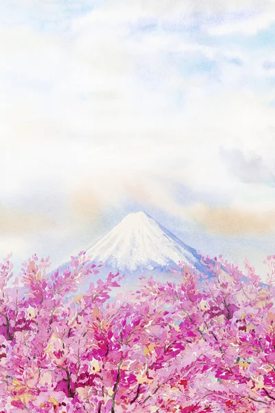 Mount Fuji and cherry blossom in Japan spring season. Watercolor painting landscape illustration. Popular famous landmark in the Asia
