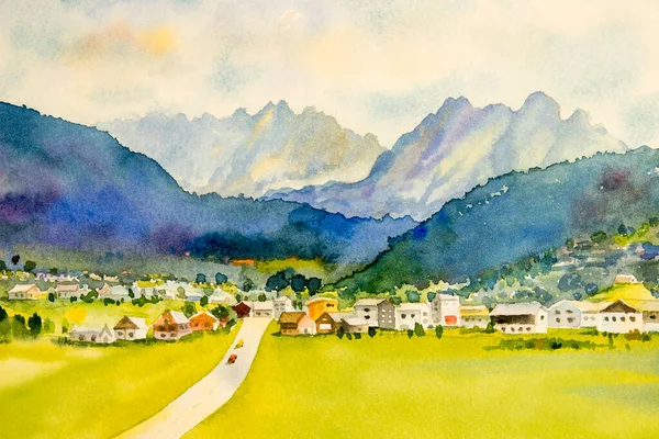 Paisagem Pintura Aquarela Gosau Uma Aldeia Nos Alpes Austríacos Que — Fotografia de Stock