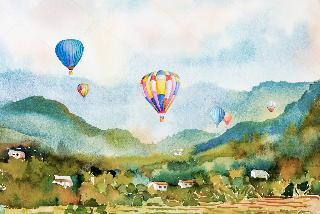 Watercolor landscape painting colorful of hot air balloon on village, mountain in the Panorama view and outdoor emotion rural society, nature spring in sky background. Hand paint abstract illustration