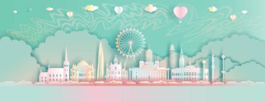 Finlandiya 'da balonlar ve kuzey ışıklı arka planlarla şehir simgeleri dolaşır. Kağıt Sanatı, Kağıt Kesiği, Origami ve Kartpostal Tasarımı. Finlandiya 'da seyahat Helsinki Modern ve Antik Mimarlık.