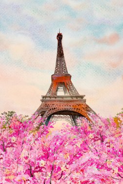 Paris Fransa Eyfel Kulesi ve kiraz çiçekleri güzel bahar mevsiminde. Açık havada suluboya resimler, manzara çizimleri. Avrupa 'nın ünlü simgesi. 
