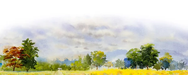 Suluboya manzara resmi doğal güzellikler pirinç tarlaları ağaçları ve gündoğumuyla birlikte çiftlik ormanları, sonbahar mevsiminde gökyüzü bulutları. Resmedilmiş empresyonist resim