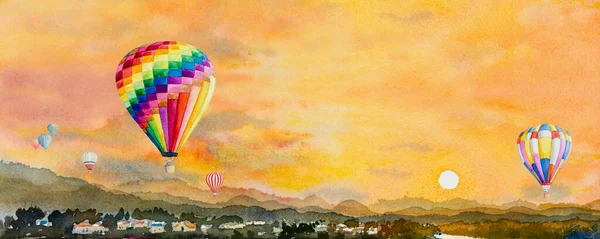 Pittura Paesaggio Acquerello Colorato Mongolfiere Sul Villaggio Montagna Nella Vista — Foto Stock