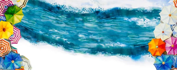 Abstrakcyjne Tło Letnia Koncepcja Akwarela Krajobraz Morski Malarstwo Kolorowe Błękitne — Zdjęcie stockowe