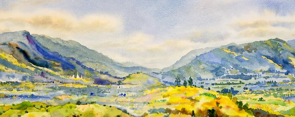 Acuarela Paisaje Pintura Panorama Colorido Montaña Belleza Natural Árbol Granja — Foto de Stock