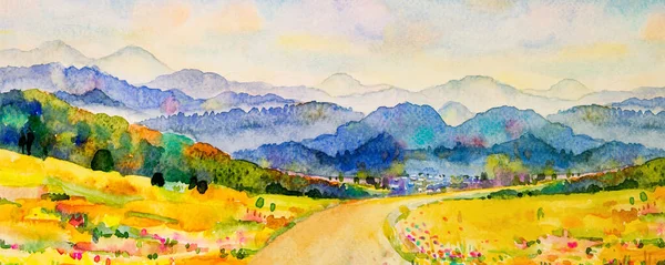 Acuarela Paisaje Pintura Panorama Colorido Cordillera Hermosos Árboles Campo Bosque — Foto de Stock