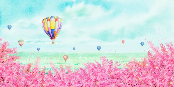 Watercolor Landscape Painting Panorama Colorful Hot Air Balloon Cherry Blossom — Stock Photo, Image