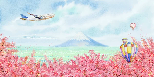 Viaggio Monte Fuji Fiori Ciliegio Giappone Stagione Primaverile Pittura Acquerello — Foto Stock