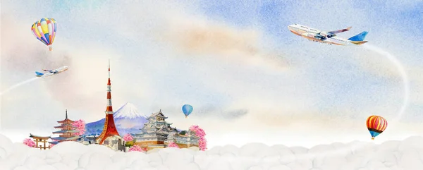 Flugzeuge Fliegen Die Wahrzeichen Japans Aquarell Gemälde Illustration Mount Fuji — Stockfoto