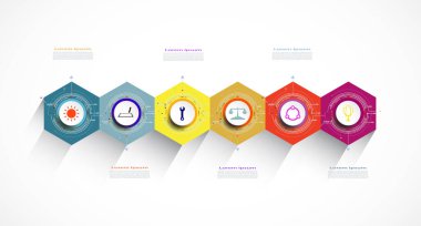 Vector Infographics etiket tasarımında altıgen 6 seçenek veya adım, İş konsepti. İçerik, iş, bilgi, diyagram, süreç, şablon, zaman çizelgesi, dijital ağ, akış şeması, bilgi