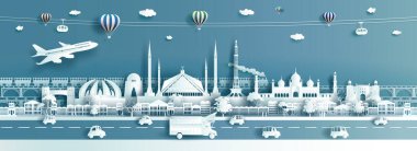 Seyahat güzergahı Pakistan 'da kamyon, teleferik, balon ve uçak, panoramik şehir manzarası popüler sermaye, origami kağıt kesim stili ile Tour tarihi İslamabad şehri.