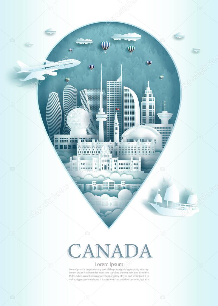 Vector illustration pin point symbol. Travel Canada architecture monument pin of Toronto famous with modern and ancient city building business landmarks of architecture.