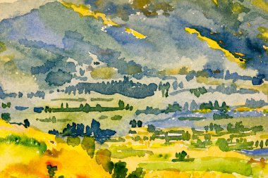Arka plan suluboya resim için soyut çağdaş sanat dağ doğal sarı mavi yeşil, elle çizilmiş fırça darbesi. Dekorasyon için sanat illüstrasyon arka planı.