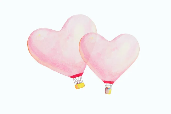 Κόκκινο Ροζ Καρδιά Αερόστατα Θερμού Αέρα Τοποθετείται Λευκό Φόντο Ακουαρέλα — Φωτογραφία Αρχείου