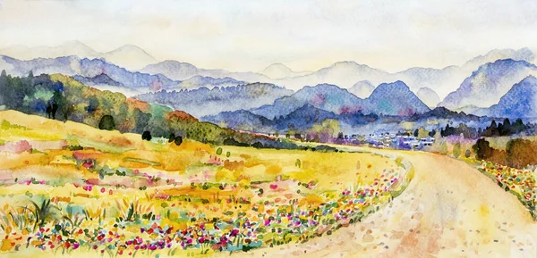 Akvarell Landskap Målning Panorama Färgglada Bergskedjan Vackra Blomma Fält Träd — Stockfoto