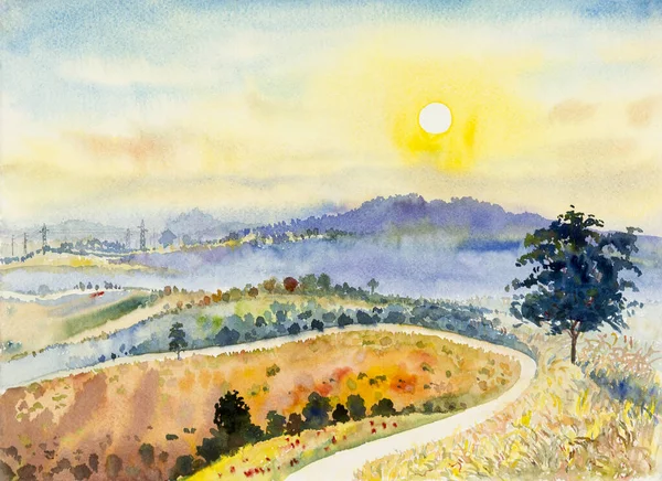 Watercolor landscape painting panorama colorful of mountain natural beauty tree in the Khao Kho of Thailand and resort, farm field meadow, forest with sun, sky background in nature spring seasonal.