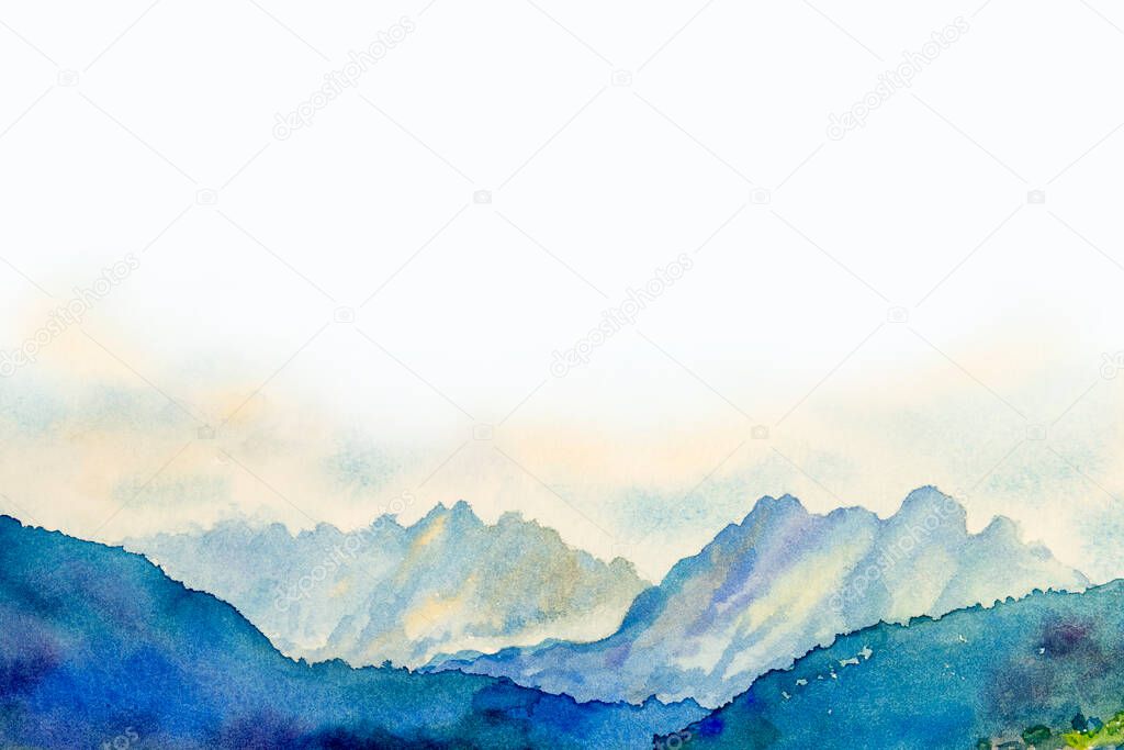 Watercolor painting landscape in the Austrian Alps that is surrounded by a very beautiful of mountains around. Great summer vacation in Europe 