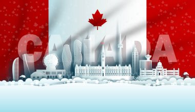 Resim yıldönümü Kanada bayrağını Toronto ve Ontario 'daki Kanada' nın tarihi mimarisi ile kağıt sanatı ve kağıt kesim tarzında akçaağaç yaprağı arka planında kutluyor. Vektör illüstrasyonu