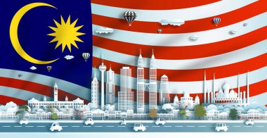 İllüstrasyon yıldönümü, Malezya bayrak arka planında Malezya 'nın Kuala lumpur' daki tarihi mimarisi ile origami kağıt sanatı ve kağıt kesiği ile kutlanıyor. Vektör illüstrasyonu.