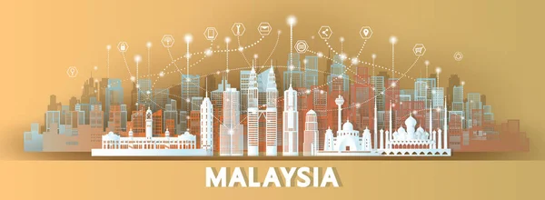 Технологічний Бездротовий Мережевий Язок Розумне Місто Архітектурою Малайзії Центральний Скайлайн — стоковий вектор