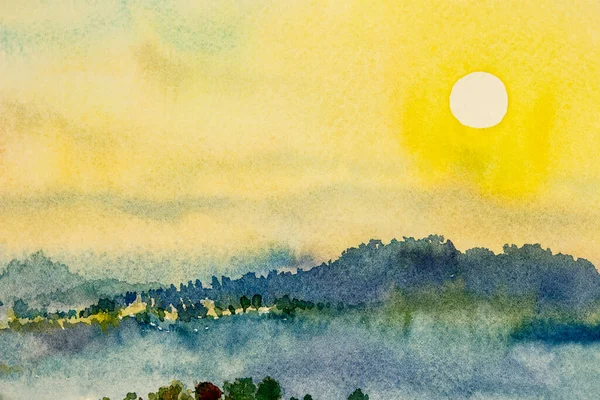 Aquarel Landschap Schilderijen Kleurrijke Berg Zonsondergang Hemel Wolk Abstracte Achtergrond — Stockfoto