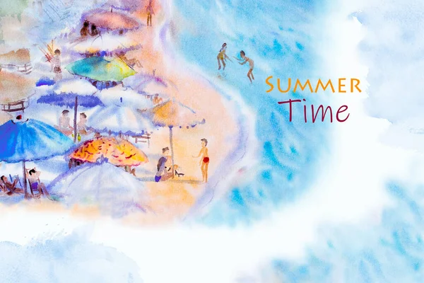 在蓝色水花壁纸背景下 带文本复制空间 在快乐欢乐的夏日气氛中 将家庭度假和旅游的色彩抽象为水彩画 — 图库照片
