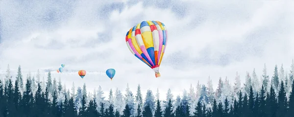 水彩画风景全景热气球松木森林背景蓝天冬季或树林 自然针叶树 林地和风景画自然室外 — 图库照片