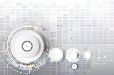 3D ve devre kartı olan soyut teknoloji ekipmanları. Gri arkaplandaki bilgi işleme şablonu için elektronik bilgisayar teknolojisi, yüksek teknoloji dijital teknoloji konsepti. Vektör illüstrasyonu