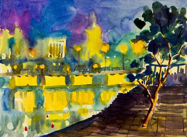 Absztrakt Akvarell Eredeti Festmény Színes Éjszakai Fény Városban Érzelem Kék — Stock Fotó