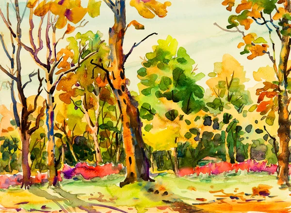 Abstract watercolor original painting colorful of flowers garden tree and grass with nature autumn trees,roadside background. Painted Impressionist, abstract image
