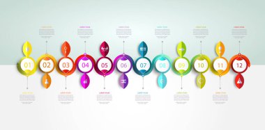 3D ve 12 seçenekli bilgi grafikleri zaman çizelgesi şablonu veya adım, iş konsepti, içerik, iş, grafik, diyagram, süreç, tabak, zaman çizelgesi, kitap kapağı, akış şeması, bilgi, adım, yazdırma