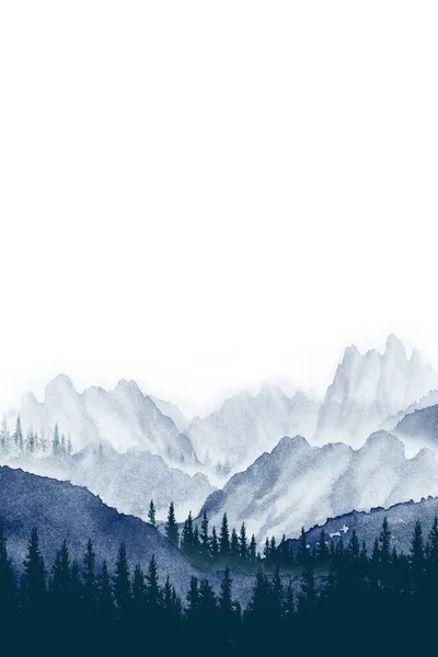 Пейзаж Акварельной Живописи Панорама Соснового Горного Леса Фон Синий Серыми — стоковое фото