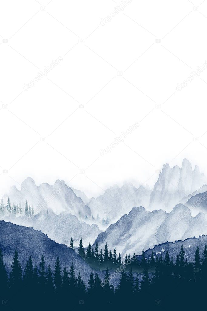 Watercolor painting landscape panorama of pine mountain forest, background, blue with gray, winter or spring woods, nature with coniferous trees, travel woodland and scene illustration or banners.