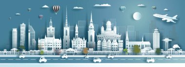 Şehir merkezindeki Stockholm 'ün ünlü şehrinde İsveç mimarisi. Panorama 'nın popüler sermayesi, şehir manzarası, vektör illüstrasyon kağıt sanatı, kağıt kesiği ile İskandinavya turu.