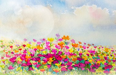 Çiçeklerin suluboya boyası. Orijinal pembe, kırmızı, sarı, turuncu papatya renkleri. Bahar mevsiminde, arka planda Bokeh ışığı olan gökyüzü. El boyaması Empresyonist, soyut illüstrasyon.