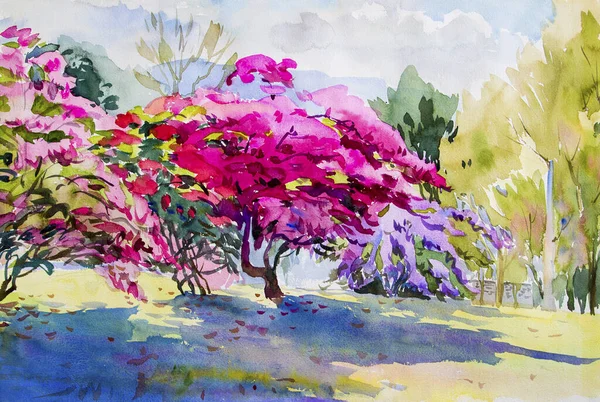 要旨水彩画の原画ピンク 紙の花や青空と牧草地の紫の色 季節冬の自然背景 緑の葉 印象派の塗装 抽象的なイメージ — ストック写真