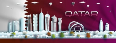 Çizim Yıldönümü, arka plan Katar bayrağında mutlu bir bağımsızlık günü kutluyor, Doha şehrinde Katar 'ın tarihi mimarisi kağıt sanatı ve kağıt kesim tarzıyla geziliyor. Vektör illüstrasyonu