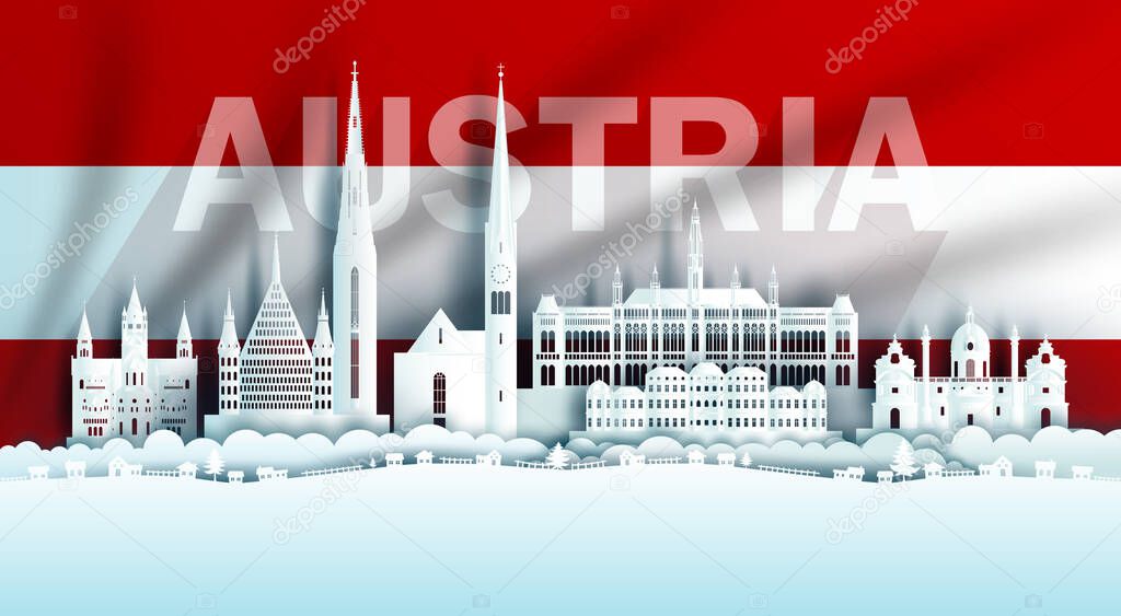 Illustration Anniversary celebration Austria day in Austrian flag background with Travel landmarks architecture of Austria in vienna and salzburg, in paper art, paper cut style. Vector illustration