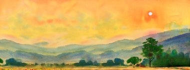 Suluboya manzara köy renkleri, Panorama manzarası ve kırsal kesimde dağ ve çayır renkleri, gökyüzü arka planında doğa. Asya 'da elle boyanmış yarı soyut çizimler.