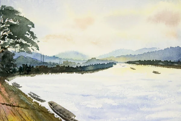 Akvarell Táj Festészet Színes Mekong Folyó Hegyi Természeti Erdészeti Falu — Stock Fotó