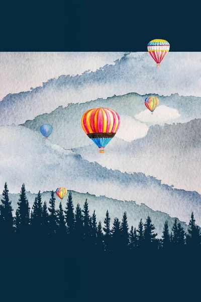 Akvarel Malba Krajina Barevné Horkovzdušný Balón Borovice Horský Les Pozadí — Stock fotografie