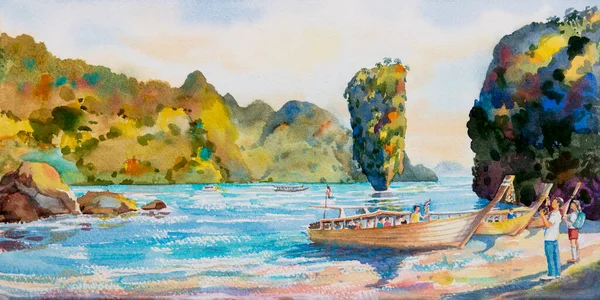 Kleurrijke Zomer Aquarel Schilderen Zeegezicht Papier Van Phang Nga Bay — Stockfoto