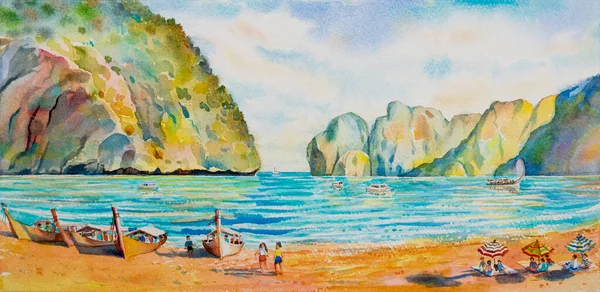 Verão Colorido Aquarela Pintura Seascape Papel Baía Maya Phi Phi — Fotografia de Stock