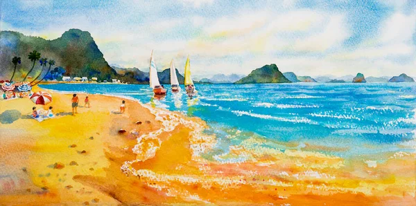 Colorful Sea Summer Watercolor Paintings Panorama Seascape Boat Sail Sea — Stock Photo, Image