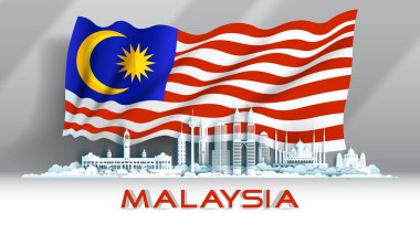 Independence anniversary celebration national day in Malaysia flag background with Travel landmarks architecture of Malaysia in kuala lumpur with origami paper art, paper cut. Vector illustration.