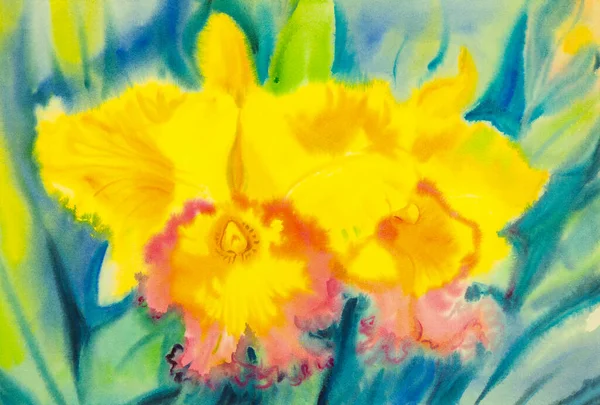 Abstract Watercolor Original Painting Yellow Color Orchid Flower Green Leaves — Stock fotografie