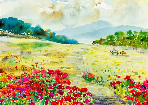 Pintura Acuarela Original Paisaje Colorido Flores Silvestres Búfalo Jardín Del — Foto de Stock