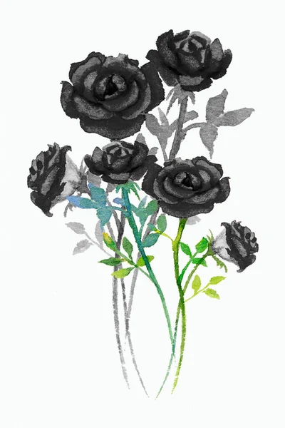 Peinture Aquarelle Fleurs Couleur Noire Roses Feuilles Vertes Fond Blanc — Photo