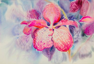 Soyut suluboya orijinal resim mor, orkide çiçeğinin pembe rengi mavi arkaplan