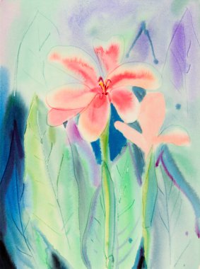 Nilüfer çiçekleri ve gökyüzündeki duygularla dolu kağıdın üzerindeki suluboya manzara resmi ya da kartpostalı tebrik etmek. Boyalı Empresyonist, soyut resim